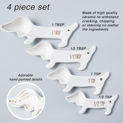 VOTUM White Dachshund Ceramic Measuring Spoon Set – Set of 4 Cute Weiner Dog Themed Kitchen Baking Tools – Gift for Dog Lovers - Image 2