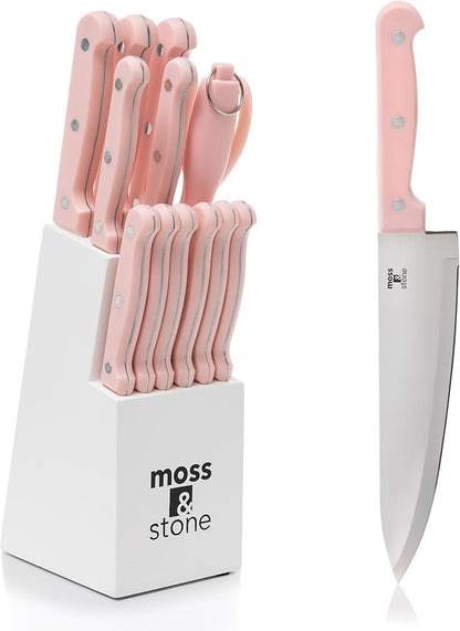 Moss & Stone Pink 14 Pcs Knife Block Set Stainless Steel, Premium Forged Kitchen Knives Set with High-Carbon Blades, Ergonomic Handle, Sharp Blade, Rust Resistant, Modern Style for Home & Chef by Mossstone