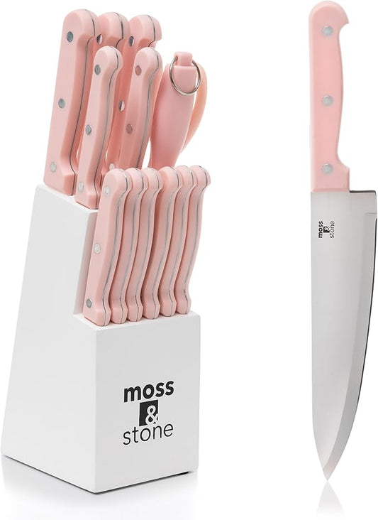Moss & Stone Pink 14 Pcs Knife Block Set Stainless Steel, Premium Forged Kitchen Knives Set with High-Carbon Blades, Ergonomic Handle, Sharp Blade, Rust Resistant, Modern Style for Home & Chef by Mossstone