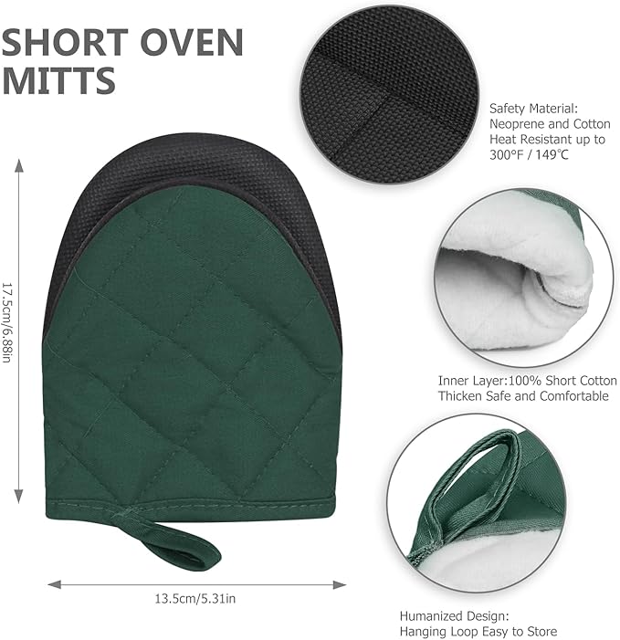 1 Pair Short Oven Mitts - Silicone Kitchen Oven Gloves High Heat Resistant 500℉, Mini Oven Mits with Non-Slip Grip Surfaces and Hanging Loop for BBQ, Baking, Cooking and Grilling (ArmyGreen) - Image 3
