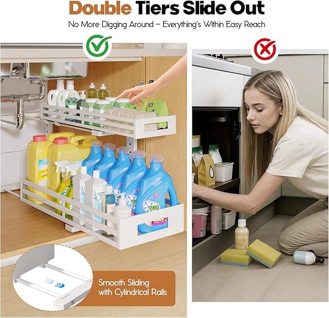 2-Pack 20.47"Deep Under Sink Organizer And Storage,2-Tier L-Shaped Pull Out Cabinet Organizer with Upgraded Slide Rails,Height Adjustable Drawers for Kitchen&Bathroom,Extra-Large Storage Shelves–Gray - Image 3