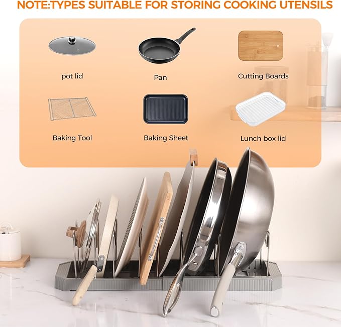 Adjustable Pot Lid Organizer Rack, 9 Compartments Cabinet Storage Holder for Pots, Pans, Lids, Cutting Boards, Bakeware - Image 5