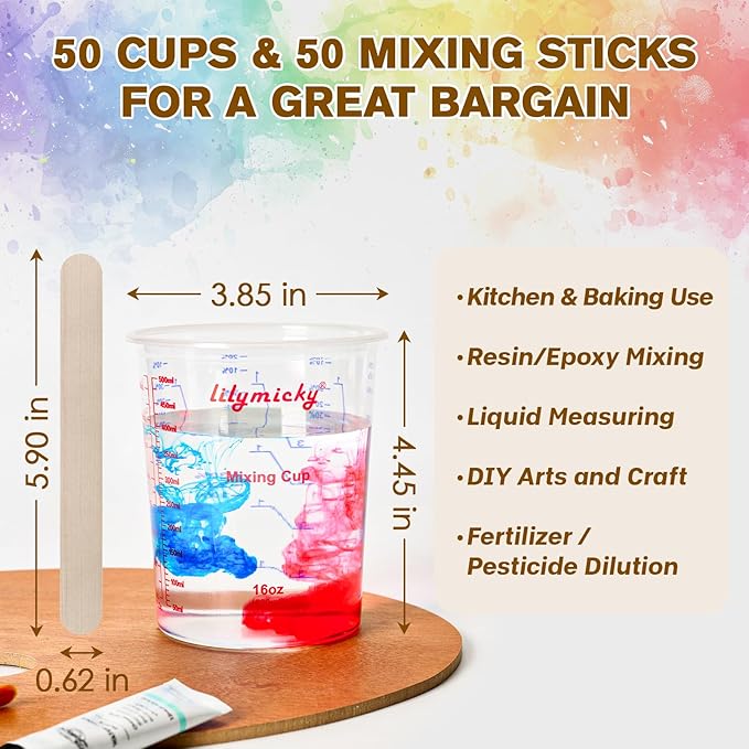 Lilymicky 16 oz Plastic Mixing Cups, 50 Pack 16 oz (500ml) Disposable Measuring Cups with 50 Wooden Mixing Sticks, Can Be Used for Epoxy Resin, Liquid Measuring, Paint, Cooking and Baking - Image 2