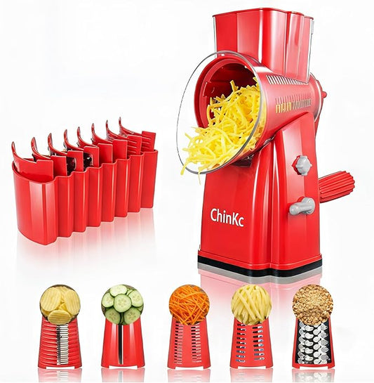 Upgrade Rotary Cheese Grater Shredder with Handle, Strong Suction Base, Multi-purpose Rotary Grater Slicer with 5 Interchangeable Blades for Ice, Vegetables, Fruit, Nuts with Blade Storage Box by ChinKc