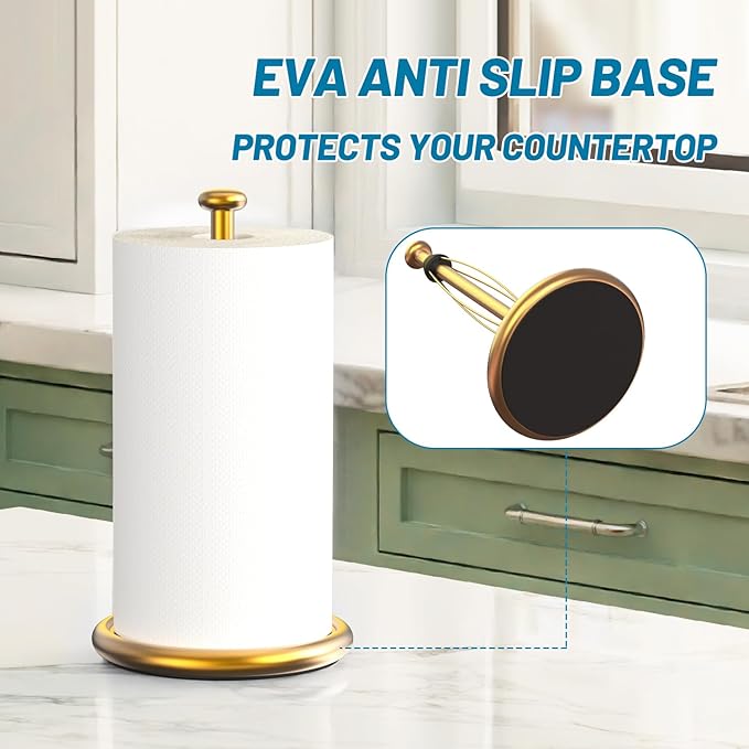 VEHHE Gold Paper Towel Holder Countertop with Weighted Base, One-Handed Tear Kitchen Towel Holder with Damping Function and EVA Non-Slip Pad for Bathroom - Image 6