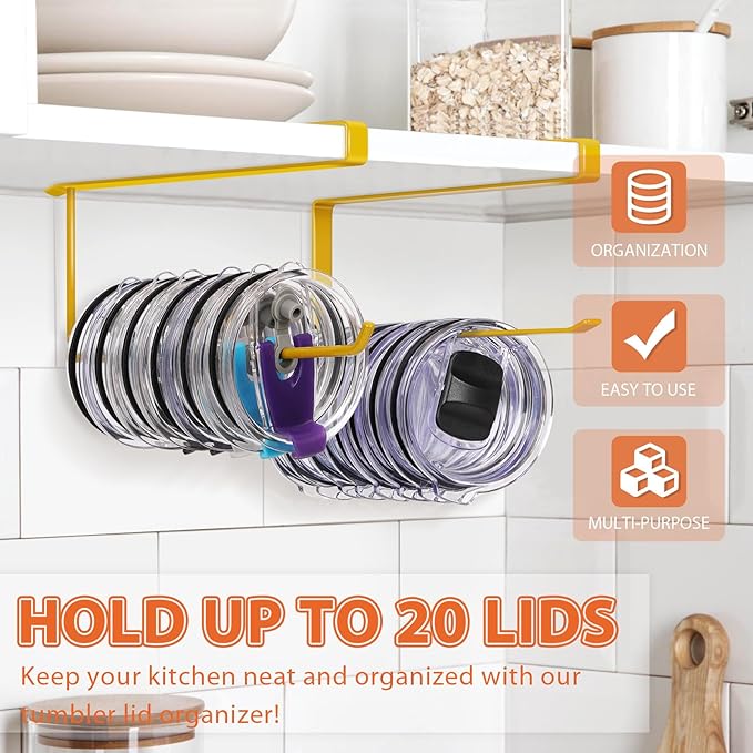 2 Pack Tumbler Lid Organizer, Horizontal Tumbler Lid Storage Hook Up to 20 Lids, Space Saving Cup Lid Holder Under Cabinet Tumbler Lid Hook for Kitchen Organizer, Paper Towel Hanger(Round&Flat, Gold) - Image 2