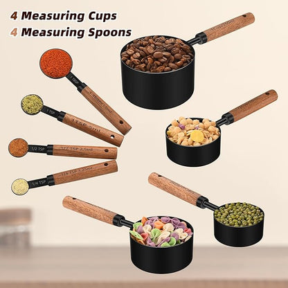 Stainless Steel Measuring Cups and Spoons Set of 8, Stackable Wooden Handle Metal Measuring Cup & Spoon Set with Metric & US Measurements, Rustic Farmhouse Kitchen Gadgets for Dry & Liquid Ingredients