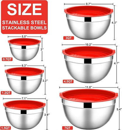 E-far Mixing Bowls with Lids, 12-Piece Stainless Steel Salad Bowls Metal Nesting Bowls for Baking Cooking and Prepping, Airtight Lids & Stackable Design, Size 7, 4.5, 3, 1.5, 1.2, 0.7 QT (Red) - Image 2