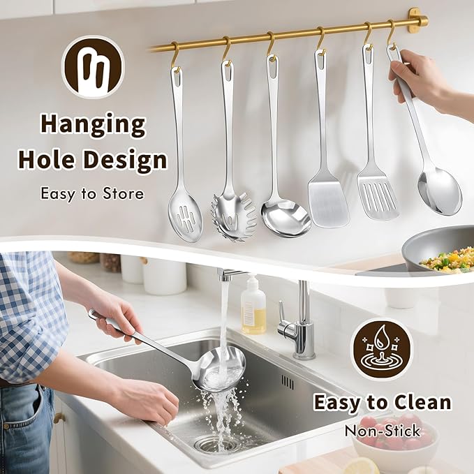 6 Pcs Cooking Utensils Set, Stainless Steel Kitchen Utensils, Heat Resistant Metal Kitchen Tools Include Solid & Slotted Turner Wok Spatula, Serving Spoon, Ladle, Pasta Server, Easy to Clean, Silver - Image 6