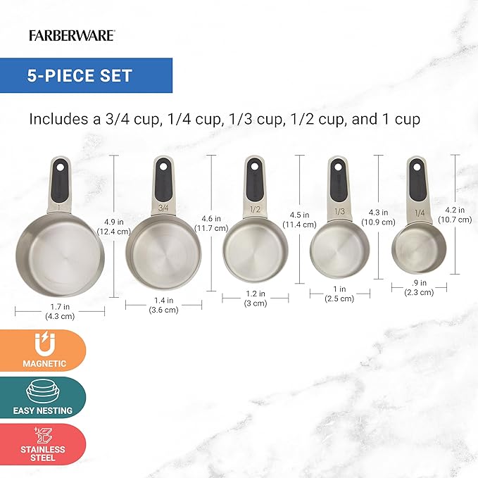 Farberware Professional Set of 5 Stainless Steel Measuring Cups, Precision and Ease in Every Scoop, Features Magnetic Handles for Easy Storage, Dishwasher Safe - Image 2