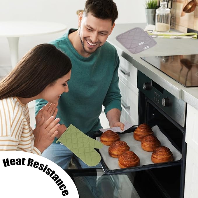 Oven Mitts and Pot Holders Sets,6 Pcs Oven Mitts and Potholders with Recycled Cotton High Heat Resistant Extra Thick Long Oven Mitts for Cooking(Green) - Image 5
