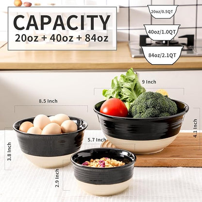 HASENSE Ceramic Mixing Bowls Set of 3, 84/40/20 Oz Black & Beige Stoneware Bowls, Farmhouse Bowls for Salad, Soup, Cooking Baking Serving Food, Nesting BowlsDishwasher & Microwave Safe - Image 3