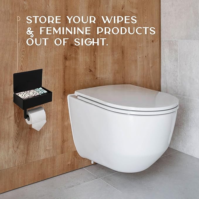 Day Moon™ - Toilet Paper Holder with Shelf - Modern Roll Holder for Bathroom - 1 Pack - Wall Mount - with Storage, Black - Image 7
