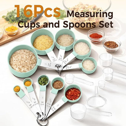 16PCS Measuring Cups and Spoons Set, Measuring Spoon Set with Metric and US Measurements, Fits for Measuring Dry and Liquid (Green) - Image 2