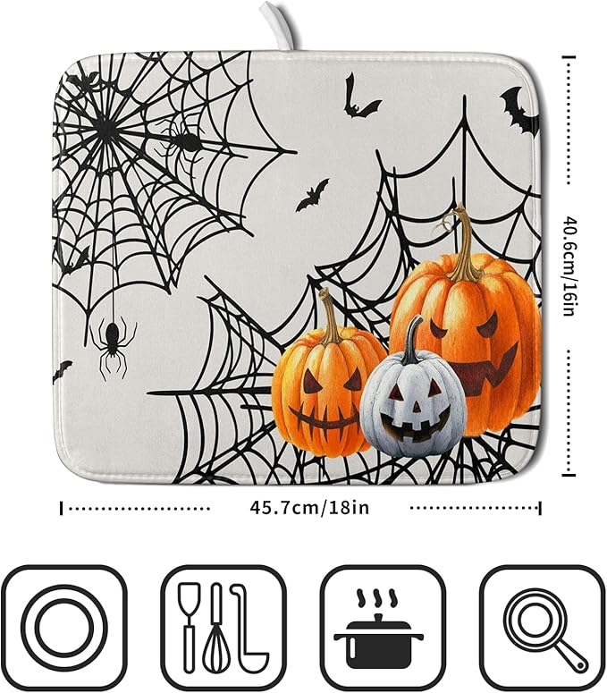 Giwawa Happy Halloween Dish Drying Mat 16"x18" Spooky Colorful Pumpkins Decorative Dish Drainer Mats Horrible Spider Web Bats Reversible Dish Drying Pad for Kitchen Countertop Dining Room