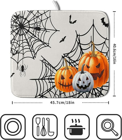 Giwawa Happy Halloween Dish Drying Mat 16"x18" Spooky Colorful Pumpkins Decorative Dish Drainer Mats Horrible Spider Web Bats Reversible Dish Drying Pad for Kitchen Countertop Dining Room