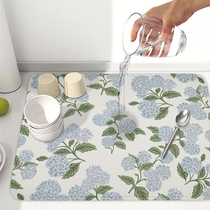 Blue Hydrangea Floral Dish Drying Mat for Kitchen Counter Spring Summer Vintage Flower Microfiber Dish Drainer Mat Rustic Farmhouse Absorbent Washable Drying Pad Extra Large 18"x24"