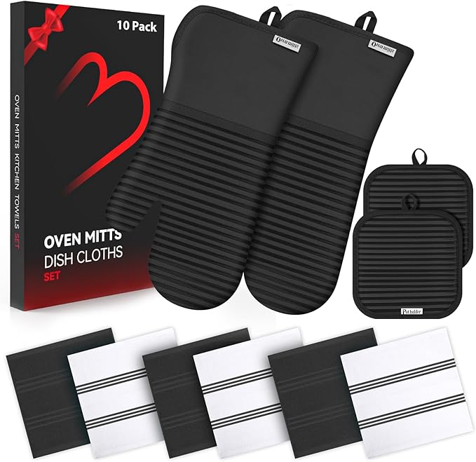 Oven Mitts and Pot Holder Sets with Silicone Grip, 500°F Heat Resistant-6 Pack Dishcloth/Dish Towels for Kitchen 100% Cotton-Value Kitchen Essentials for Cooking, Baking, Grilling-Black by KacNacPro