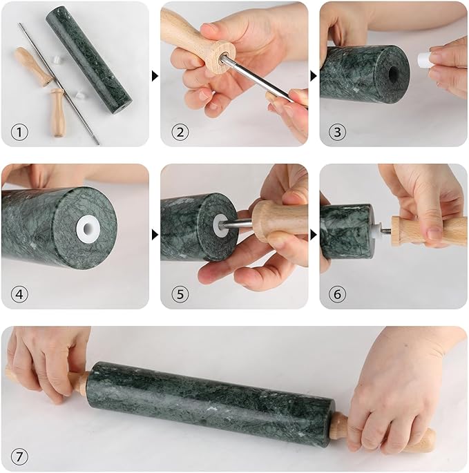 Koville Indian Natural Marble Rolling Pin, Non-Stick Polished Dough Roller, Pasta, Dumpling, Fondant, Pie Crust, Bread, Pizza Dough, Kitchen Baking Pastry Tools with Mat/Scraper(Indian Green) - Image 8