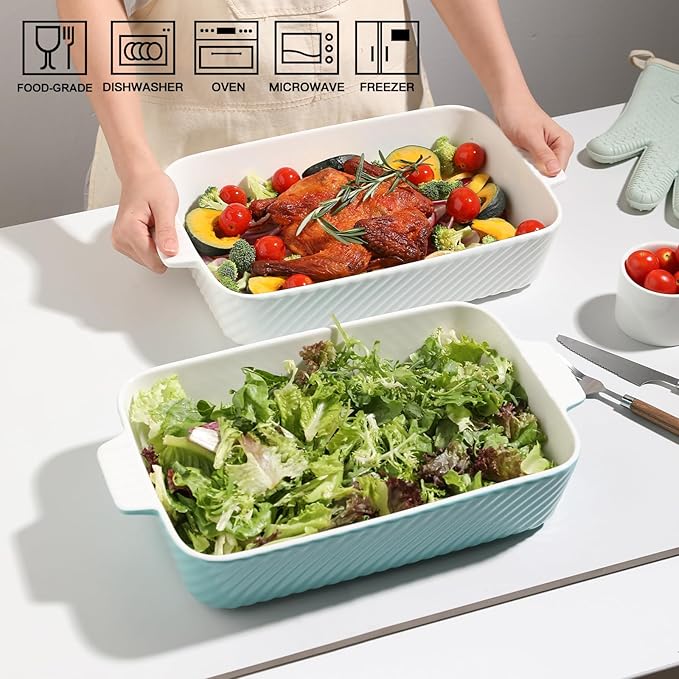 Sweejar Ceramic 13 x 9 Baking Pan, Cake Baking Dish for Brownie, Porcelain Striped Casserole Dishes for Oven with Handle for Lasagna, Family Dinner(White) - Image 2