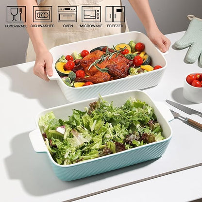 Sweejar Ceramic 13 x 9 Baking Pan, Cake Baking Dish for Brownie, Porcelain Striped Casserole Dishes for Oven with Handle for Lasagna, Family Dinner(White) - Image 2