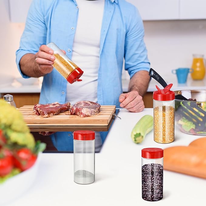 Zhehao 24 Pieces Plastic Spice Containers Plastic Spice Bottles Clear Reusable Large Empty Seasoning Jars with Shaker Lids for Kitchen Storage Seasoning Powder Herbs(16 oz,Cylinder,Clear and Red) - Image 6