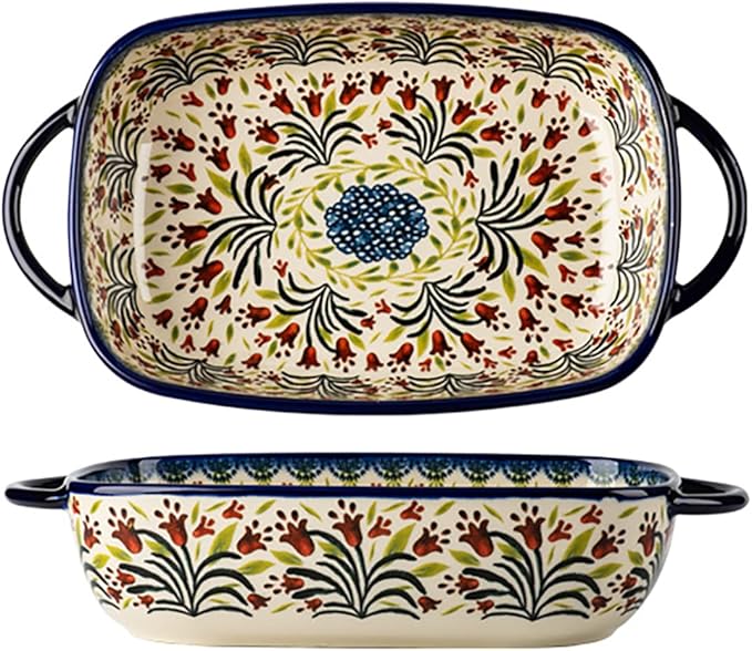 Vintage Style Tulip Flower Pattern Ceramic Bakeware Casserole Dish Baking Pan Lasagna Pans Baking Dish with Handles for Oven/Cooking/Kitchen-1 PCS-60 OZ by Bicuzat