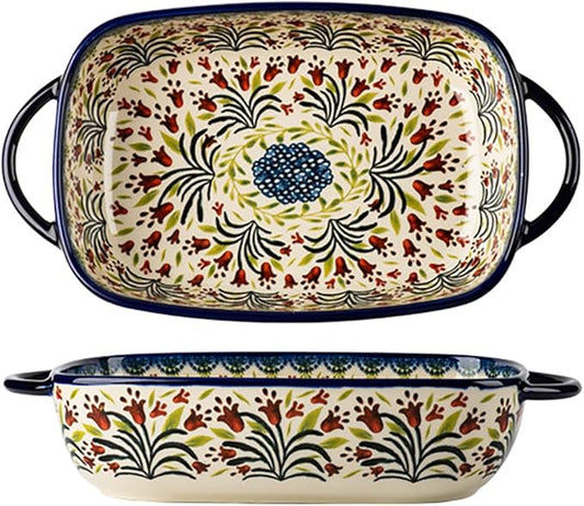 Vintage Style Tulip Flower Pattern Ceramic Bakeware Casserole Dish Baking Pan Lasagna Pans Baking Dish with Handles for Oven/Cooking/Kitchen-1 PCS-60 OZ by Bicuzat