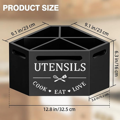 Kitchen Utensils Holder with 5 Compartments, Corner Utensil Caddy for Countertop, Black Large Wooden Utensil Organizer for Kitchen Countertop for Silverware Spoon Spatula - Image 2