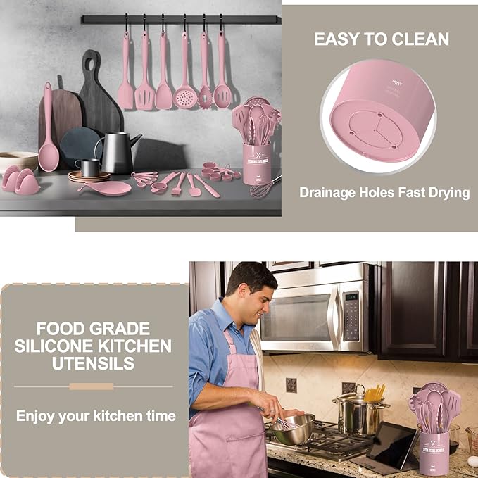 Silicone Cooking Kitchen Utensil Set, AIKKIL 43 Pcs Pink Cooking Utensils Set, Turner, Tongs, Spoon, Spatula, Kitchen Gadgets Tools Set For Nonstick Cookware, Heat Resistant (Dishwasher, BPA Free) - Image 7