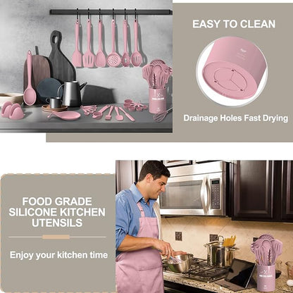 Silicone Cooking Kitchen Utensil Set, AIKKIL 43 Pcs Pink Cooking Utensils Set, Turner, Tongs, Spoon, Spatula, Kitchen Gadgets Tools Set For Nonstick Cookware, Heat Resistant (Dishwasher, BPA Free) - Image 7