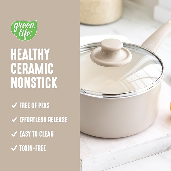 GreenLife 2.5QT Nonstick Saucepan with Glass Lid, Soft Grip, PFAS-Free Ceramic, Multipurpose Chef Pan, Milk & Sauce Cooking Pot, Dishwasher & Oven Safe to 350˚F, Stay-Cool Handle, Taupe - Image 2