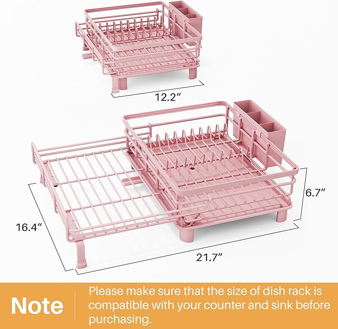 SNTD Dish Drying Rack - Extendable Dish Rack, Large Sink Drying Dish Drainer for Kitchen Counter, Stainless Steel Dish Strainer with Utensil Holder (Pink) - Image 2