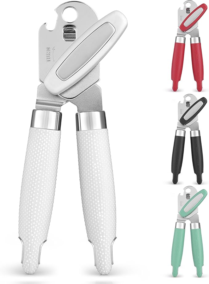 Zulay Kitchen Heavy Duty Stainless Steel Can Opener Manual with Large Bottle Opener - Manual Can Opener with Turn Knob with Soft Grip Handles - White by ZulayKitchen