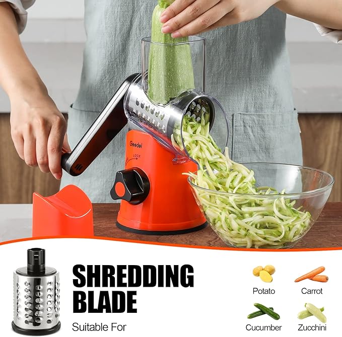 Geedel Rotary Cheese Grater, Kitchen Mandoline Vegetable Slicer with 3 Interchangeable Blades, Easy to Clean Rotary Grater Slicer for Fruit, Vegetables, Nuts - Image 4