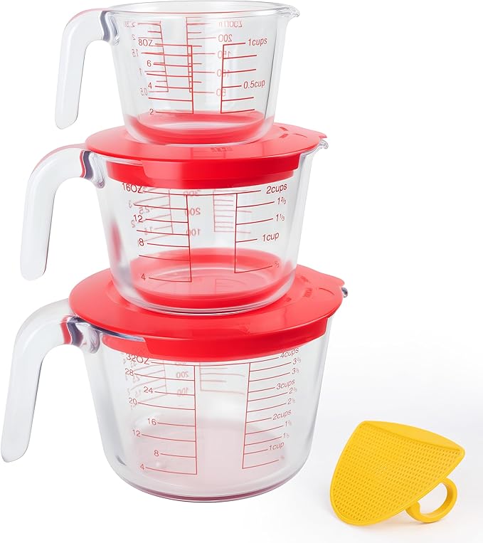 6 Pcs Glass Measuring Cups Set with Lids (Strainer Included) - 1-Cup/2-Cup/4-Cup Nesting Jugs with Easy-Grip Handles, Kitchen Liquid Measuring by Unknown