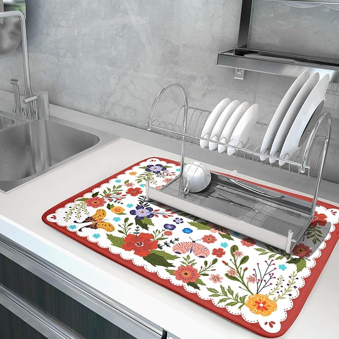 Large Microfiber Dish Drying Mat Red Floral Absorbent Drying Pad for Kitchen Counter - Image 5