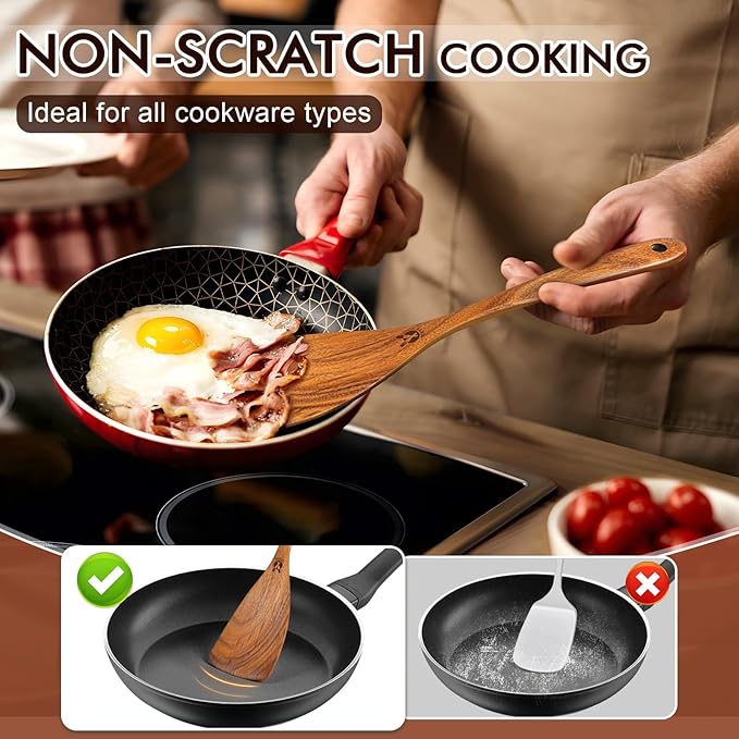12 Pcs Teak Wooden Utensil Set with Holder & Spoon Rest, Wooden Spoons for Cooking with Comfort Grip, Wooden Cooking Utensils Set for Nonstick Cookware, Lightweight & Heat Resistant Kitchen Utensils - Image 4