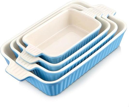 MALACASA Casserole Dishes for Oven, Porcelain Baking Dishes, Ceramic Bakeware Sets of 4, Rectangular Lasagna Pans Deep with Handles for Baking Kitchen, Blue (9.4"/11.1"/12.2"/14.7"), Series BAKE.BAKE by MALACASA