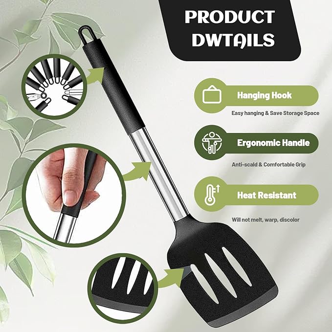 40 Pcs Kitchen Utensils Set Silicone Cooking, 446℉ Heat Resistance Stainless Steel Metal, Spaghetti Spoon Cookware Utensils, Rubber Tools Nonstick Kitchenware Can Dishwasher Safe - Image 3