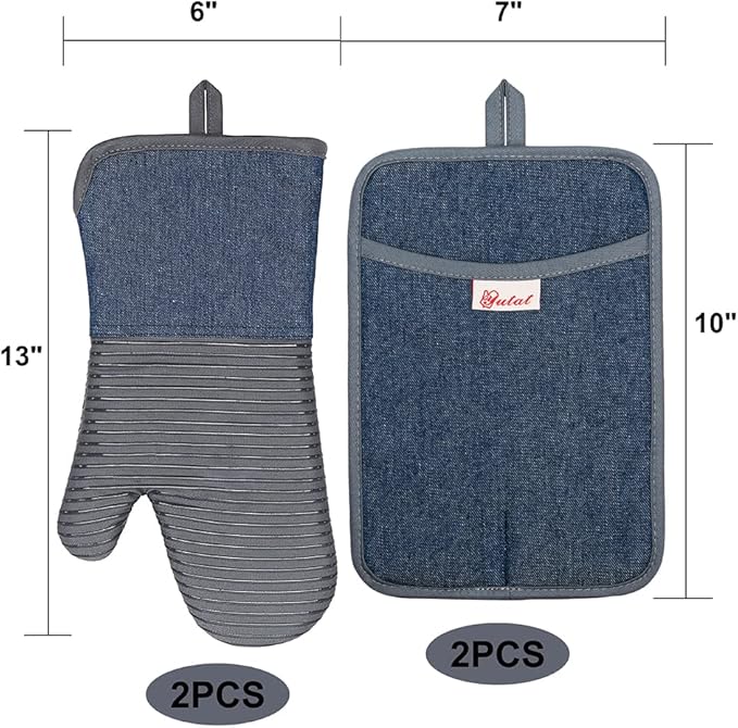 Yutat Oven Mitts, Pot Holders Set of 4 Made with Pure Cotton and Food Grade Non-Slip Silicone - 500 F Heat Resistant Oven Mitts and Pot Holders Sets for Kitchen Cooking (4pcs Set, Grey and Denim) - Image 2