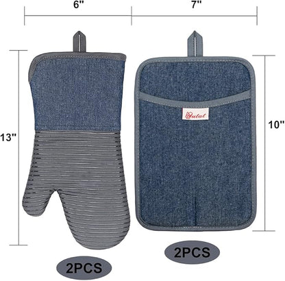 Yutat Oven Mitts, Pot Holders Set of 4 Made with Pure Cotton and Food Grade Non-Slip Silicone - 500 F Heat Resistant Oven Mitts and Pot Holders Sets for Kitchen Cooking (4pcs Set, Grey and Denim) - Image 2