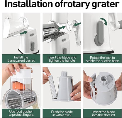 APSARAS USA Cheese Grater Hand Crank, Rotary Cheese Grater, 5 in 1 Rotary Grater, Cheese Shredder Replaceable Stainless Blades with Strong Suction Base, Easy to Clean Kitchen Gadgets with Storage Box