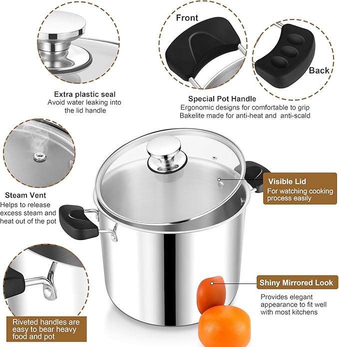 12 Quart 3-Ply Cooking Stock Pot with Lid, P&P CHEF Stainless Steel Large Pot for Pasta Soup, Work on Multi Stove, Heavy Duty & Dishwasher Safe, Dual Heat-resistant Handles & Transparent Glass Lid - Image 3
