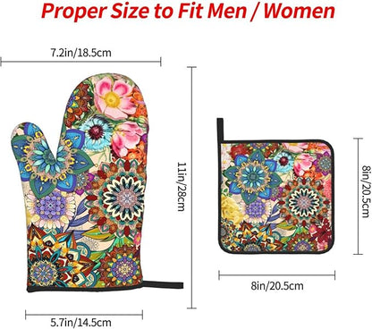 Boho Floral Oven Mitts and Pot Holders Sets, Heat Resistant Colorful Kitchen Gloves Hot Pads, Cute Baker Stuff, Chef Cooking Baking Gifts for Women Bakers, Kitchen Gifts for Cooking Lover Cooks Mom - Image 4