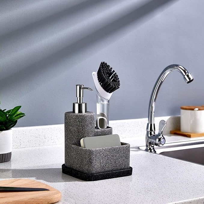 ZCCZ Black Soap Dispenser with Sponge Holder, Kitchen Soap Dispenser Pump, Sponge Caddy and Brush Holder 3 in 1 Set Organizer for Sink Countertop, Removable Tray, Marble Look (Brush NOT Included) - Image 3