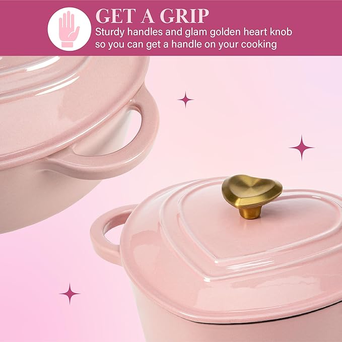 Paris Hilton Enameled Cast Iron Dutch Oven Heart-Shaped Pot with Lid, Dual Handles, Works on All Stovetops, Oven Safe to 500°F, 2-Quart, Pink - Image 5