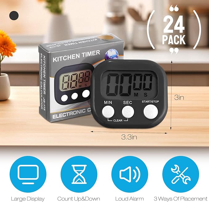 Leumoi 24 Pcs Digital Kitchen Timers Bulk Small Magnetic Timer On/Off Switch Minute Second Count up Countdown Loud Alarm for Classroom Cooking Baking(Black) - Image 2