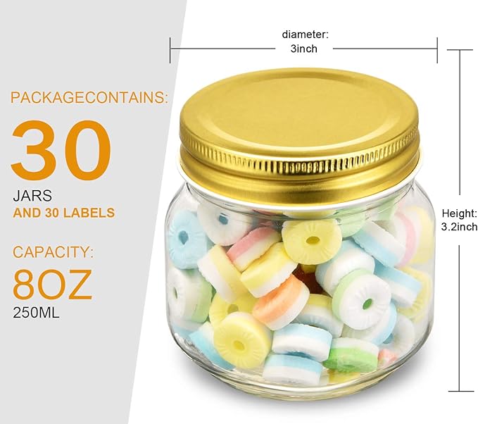 Rainforce Mason Jars 8 oz 30 Pack- Small Mason Jars With Gold Lids -1/4 Quart Canning Jars| Storage Pickling Jars For Jelly, Jam, Honey, Pickles, Spice - With 30 Chalkboard Labels - Image 4
