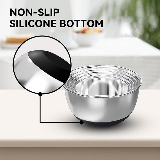 KITEISCAT Stainless Steel Mixing Bowls with Lids – Set of 5 Large Nesting Metal Bowls for Kitchen, Baking, Cooking, Food Prep & Storage, Non-Slip Base, Dishwasher Safe,Black - Image 3